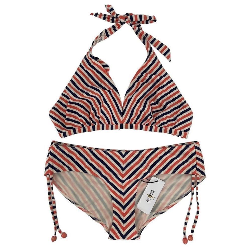 Pez D'Or Maternity Bikini‎ Stripe Coral Navy White Ruched Side Ties XL NEW